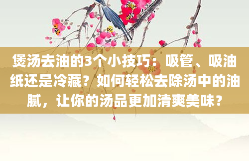 煲汤去油的3个小技巧：吸管、吸油纸还是冷藏？如何轻松去除汤中的油腻，让你的汤品更加清爽美味？